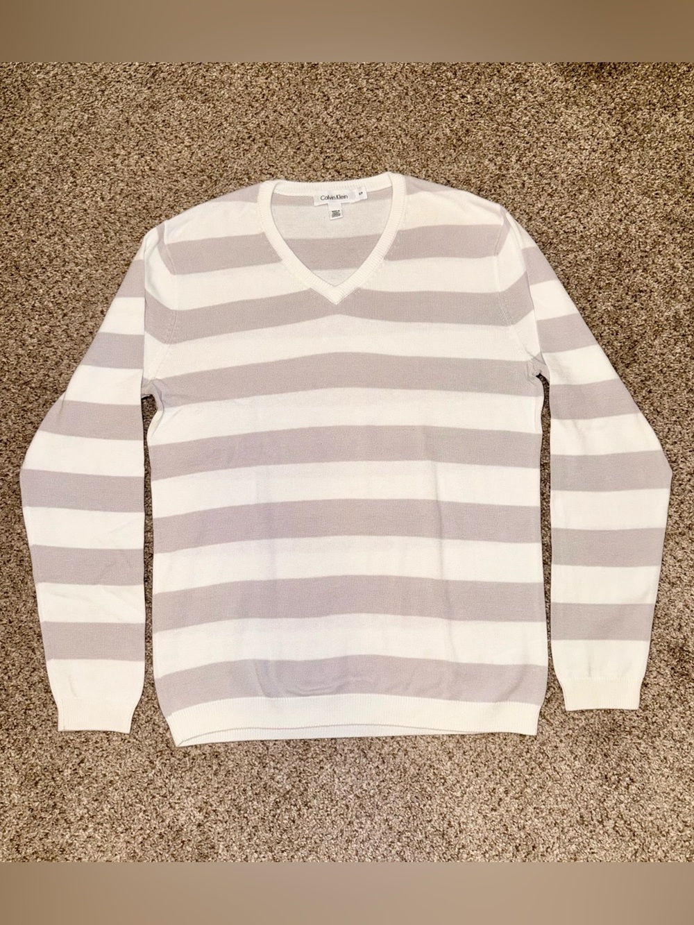 Calvin Klein Men's Gray White Striped V-Neck Lightweight Sweater Small